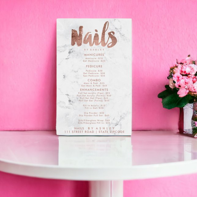 Nails Preisliste Typografie Rose Gold Weißmarmor Poster (Nails price list typography rose gold white marble poster)