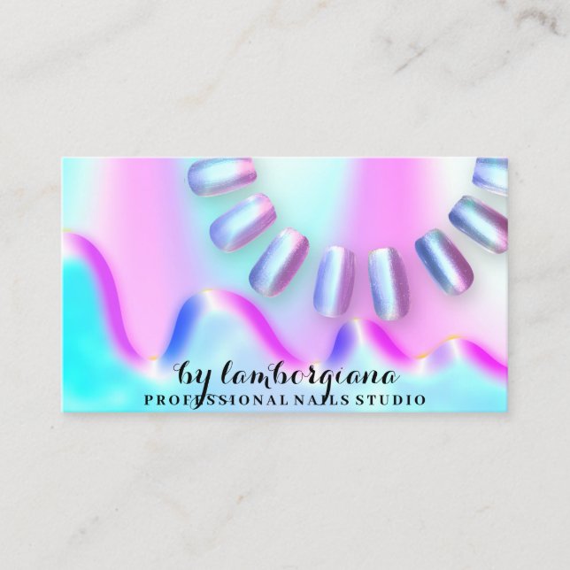 Nails Studio Logo Holograph QR Code Blau Rosa Visitenkarte (Vorderseite)