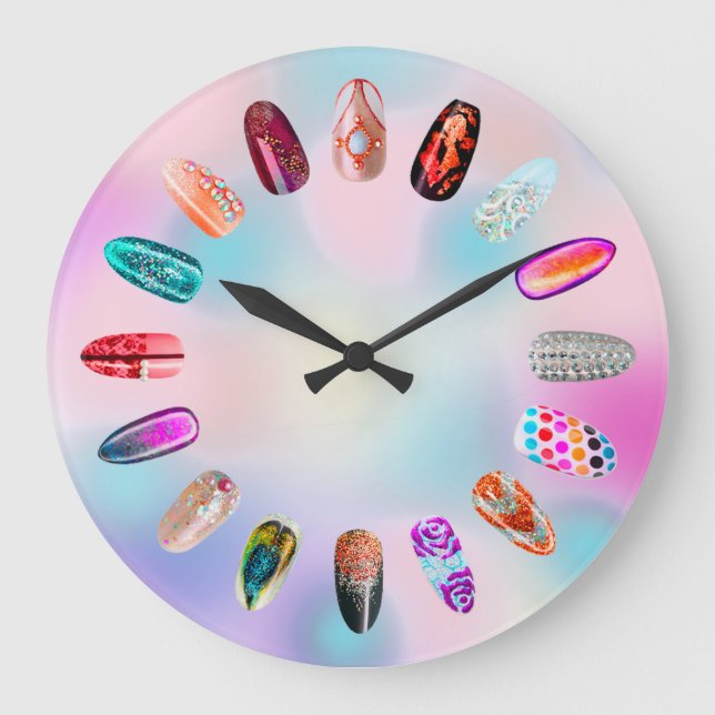 Nails Studio Pink Glam Boutique Holographische Große Wanduhr (Vorderseite)