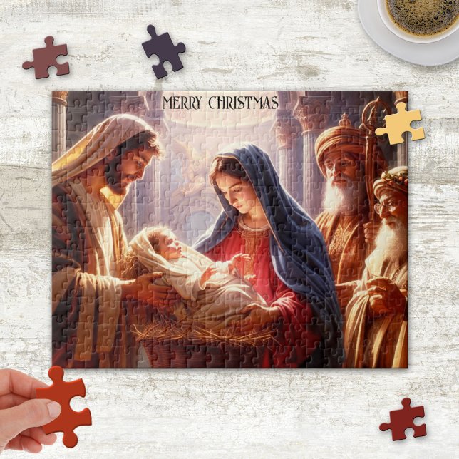 Naissance de Jésus Christ Puzzle de Noël (Christmas puzzle featuring a painting of baby Jesus Christ with his parents and wise men.)