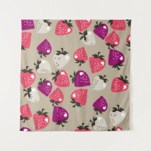 Naive Erdbeeren: Beige Hintergrund Nahtlos. Wandteppich