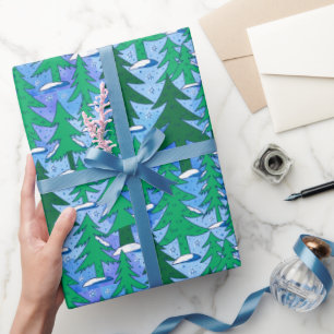 Naive Kunst Winter Fichtenwald Grün Blau Geschenkpapier