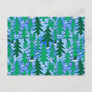 Naive Kunst Winter Fichtenwald Grün Blau Postkarte