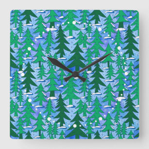 Naive Kunst Winter Fichtenwald Grün Blau Quadratische Wanduhr