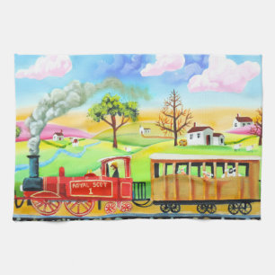 Naive Volkskunstmalerei des roten Dampfzugs Geschirrtuch