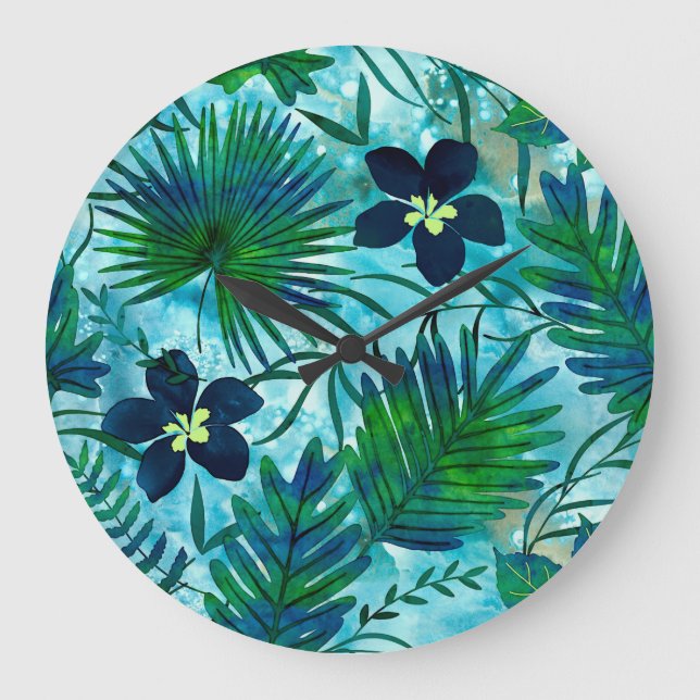Nalani Hawaiian Tropical Garden Aquamarin Große Wanduhr (Vorderseite)