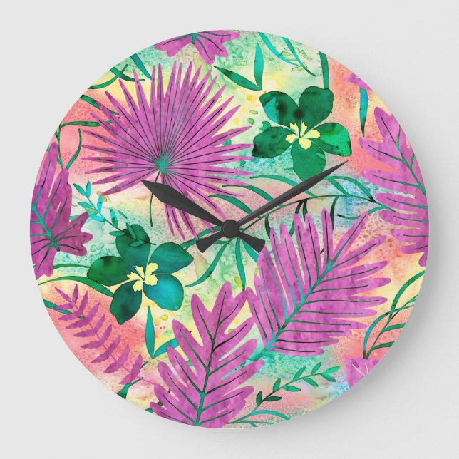 Nalani Hawaiian Tropical Garden Fuchsia Große Wanduhr (Vorderseite)