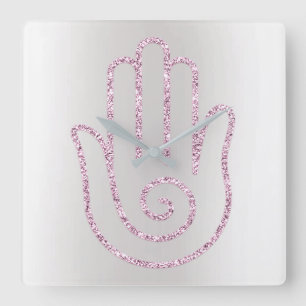 Namaste Grußgrauer Glitzer Rosa Hand Quadratische Wanduhr