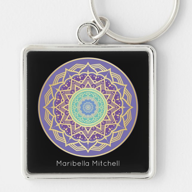 Namaste Lila Indigo Gold Turquoise Mandala Boho Schlüsselanhänger (Vorne)