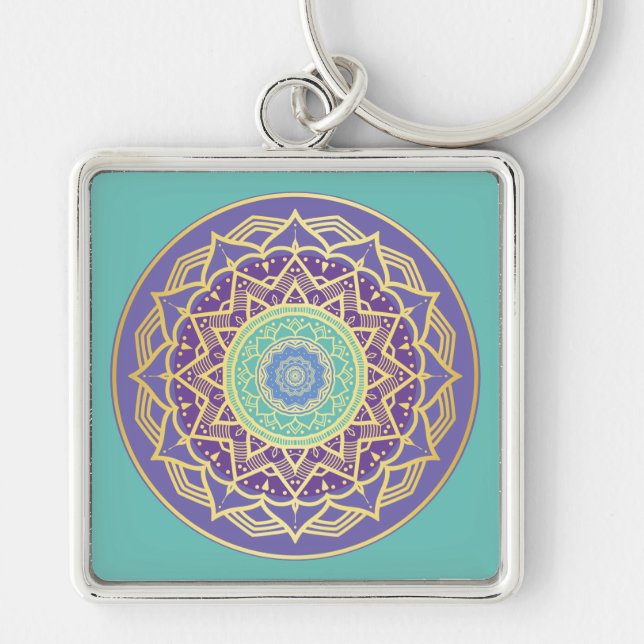 Namaste Lila Indigo Gold Turquoise Mandala Boho Schlüsselanhänger (Vorne)