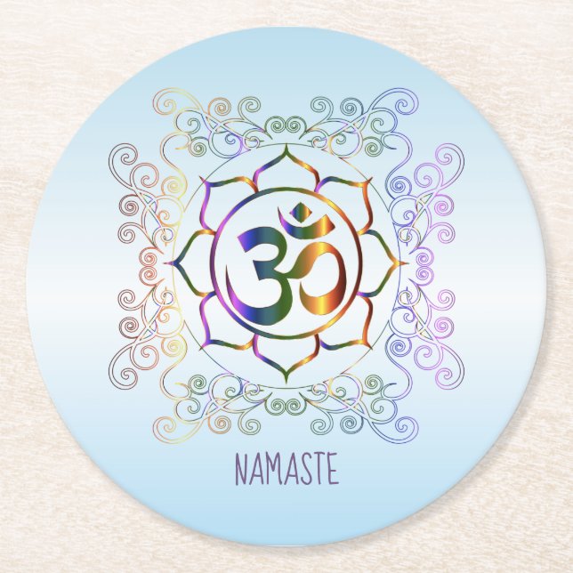 Namaste Om (Om) Lotus Prismatisch Ornamental Runder Pappuntersetzer (Vorderseite)