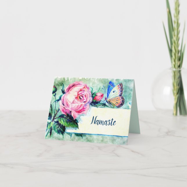 Namaste Vielen Dank Watercolor Blume Butterfly Karte (Vorderseite)