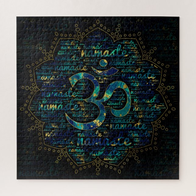 Namaste Wort-Kunst in Lotus mit OM-Symbol (Vertikal)