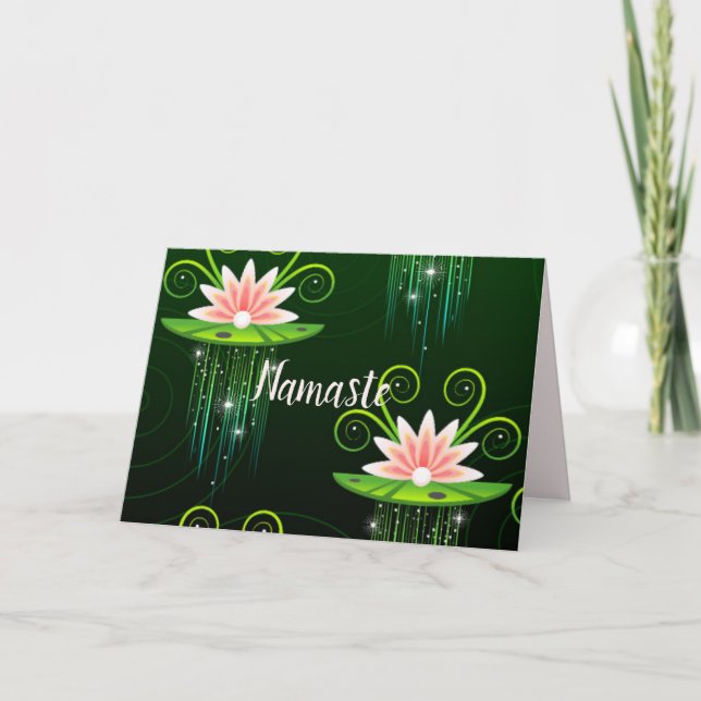 Namaste Zitat Danke Pink Lilies auf der grünen Pad Karte (Vorderseite)