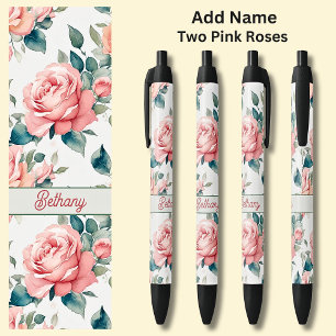 Name 2 Pinke Rosen Blumen Floral Kugelschreiber