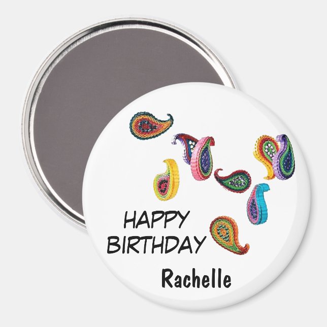 Name, 3 Zoll Happy Birthday Quill Paisleys Magnet (Vorderseite/Rückseite)