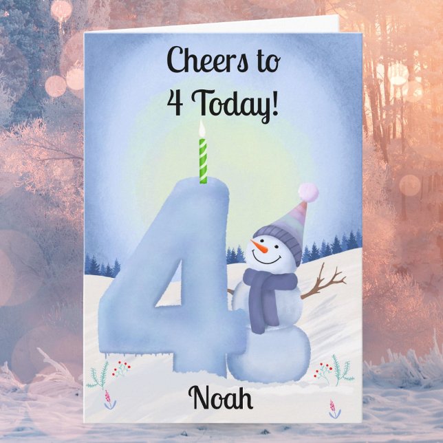 Name 4th Birthday Snowman with Snowy Four Karte (Von Creator hochgeladen)