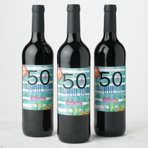 Name 50 und Fabulous Tropical Floral 50. Geburtsta Weinetikett