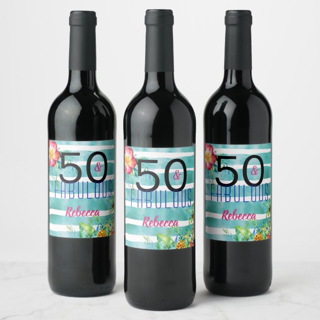Name 50 und Fabulous Tropical Floral 50. Geburtsta Weinetikett (Flaschen)