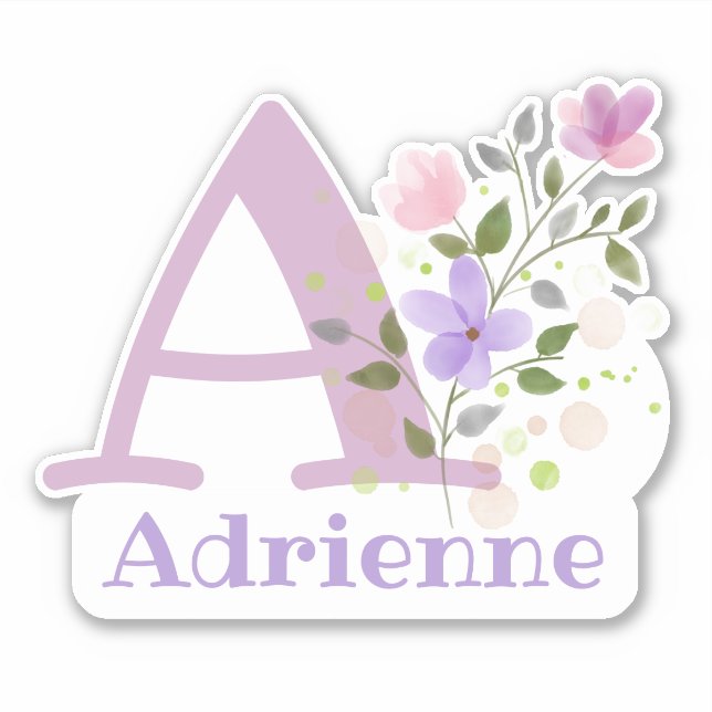 Name Adrienne and Initial with Floral Design Aufkleber (Vorderseite)
