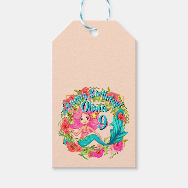 Name Age Pink Mermaid Blue Schwanz Birthday Party  Geschenkanhänger (Vorderseite)