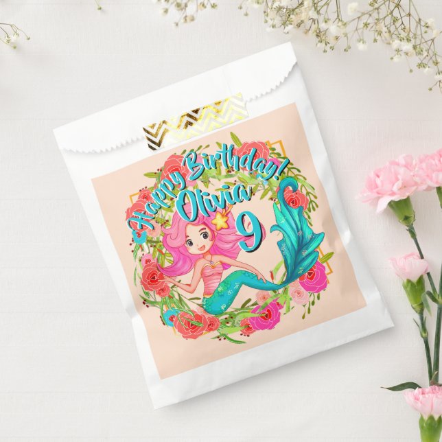 Name Age Pink Mermaid Blue Schwanz Birthday Party  Geschenktütchen (Versiegelt)