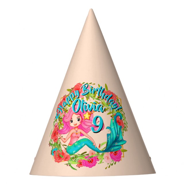 Name Age Pink Mermaid Blue Schwanz Birthday Party  Partyhütchen (Vorderseite)