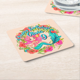 Name Age Pink Mermaid Blue Schwanz Birthday Party Rechteckiger Pappuntersetzer