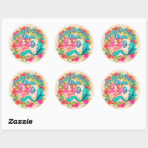 Name Age Pink Mermaid Blue Schwanz Birthday Party Runder Aufkleber