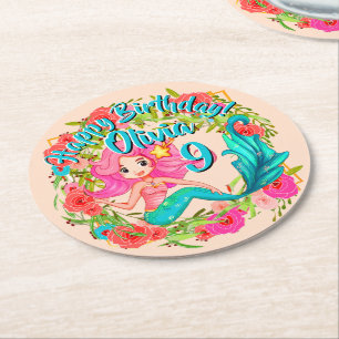 Name Age Pink Mermaid Blue Schwanz Birthday Party Runder Pappuntersetzer