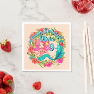 Name Age Pink Mermaid Blue Schwanz Birthday Party Serviette