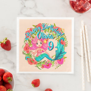 Name Age Pink Mermaid Blue Schwanz Birthday Party Serviette