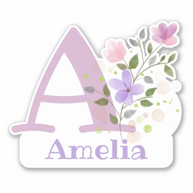Name Amelia plus Initial mit Blumendesign Aufkleber (Vorderseite)