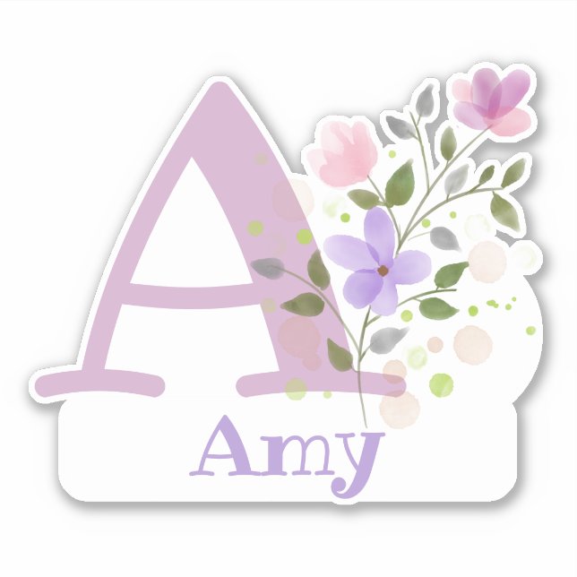 Name Amy and Initial mit Blumendesign Aufkleber (Vorderseite)
