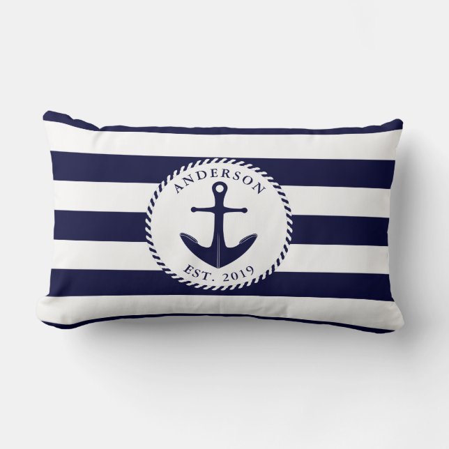 Name Anchor Nautical Navy Blau und Weiß Lendenkissen (Vorderseite)