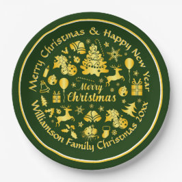 Name ändern Text Gold Green Christmas 20xx 9" Pappteller