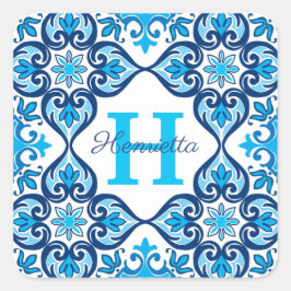 💙 🤍 Name + anfänglich blau - weiß Azulejos X, Quadratischer Aufkleber