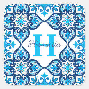 💙 🤍 Name + anfänglich blau - weiß Azulejos X, Quadratischer Aufkleber