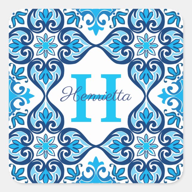 💙 🤍 Name + anfänglich blau - weiß Azulejos X, Quadratischer Aufkleber (Vorderseite)
