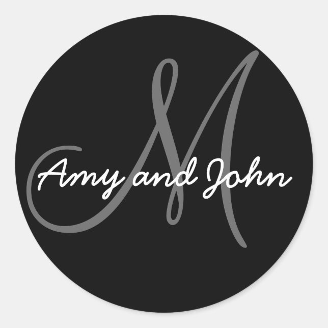 Name & Anfangsbuchstabe Hochzeitsticker Schwarz Runder Aufkleber (Vorderseite)