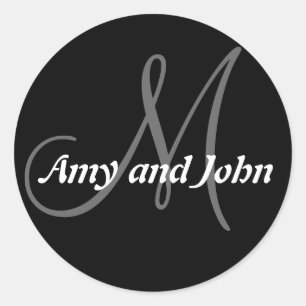 Name & Anfangsbuchstabe Hochzeitsticker Schwarz Runder Aufkleber