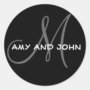Name & Anfangsbuchstabe Hochzeitsticker Schwarz Runder Aufkleber