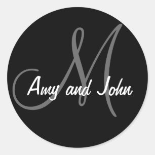 Name & Anfangsbuchstabe Hochzeitsticker Schwarz Runder Aufkleber