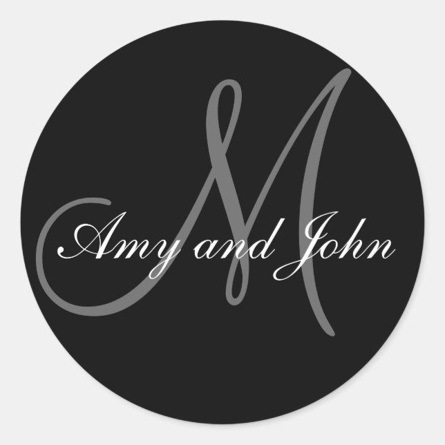 Name & Anfangsbuchstabe Hochzeitsticker Schwarz Runder Aufkleber (Vorderseite)