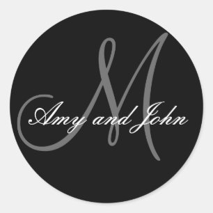 Name & Anfangsbuchstabe Hochzeitsticker Schwarz Runder Aufkleber