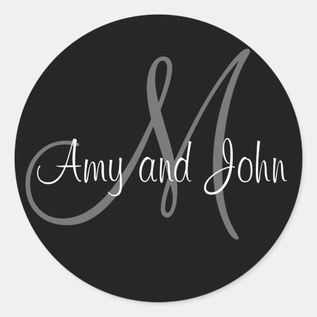 Name & Anfangsbuchstabe Hochzeitsticker Schwarz Runder Aufkleber (Vorderseite)