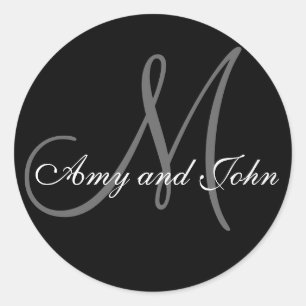Name & Anfangsbuchstabe Hochzeitsticker Schwarz Runder Aufkleber