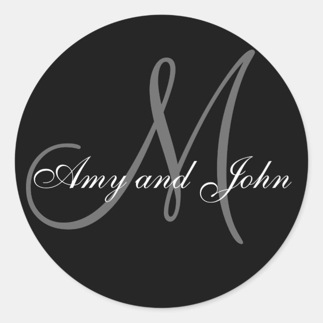 Name & Anfangsbuchstabe Hochzeitsticker Schwarz Runder Aufkleber (Vorderseite)