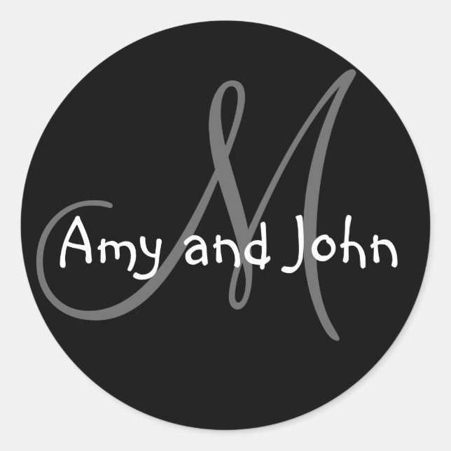 Name & Anfangsbuchstabe Hochzeitsticker Schwarz Runder Aufkleber (Vorderseite)