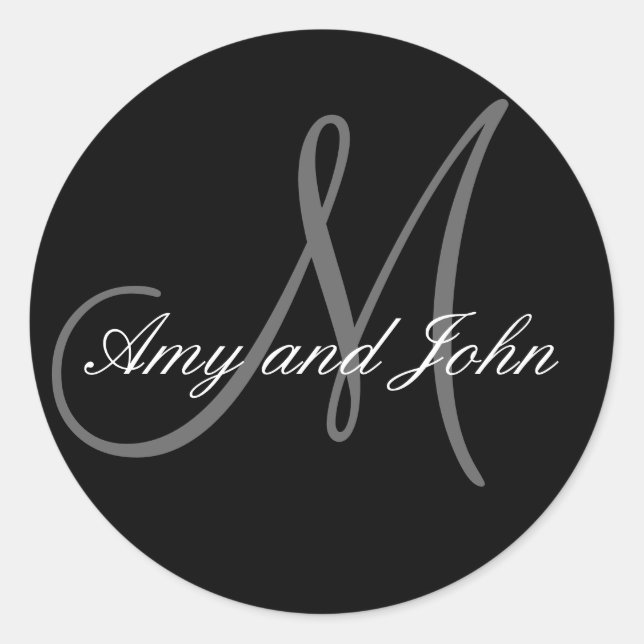 Name & Anfangsbuchstabe Hochzeitsticker Schwarz Runder Aufkleber (Vorderseite)